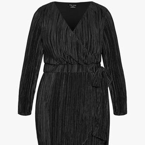 City Chic Black Pleated Long Sleeve Dress